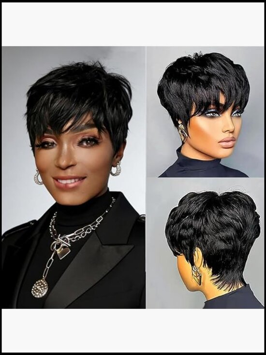 Short Layered Pixie Wig Human Hair Natural Black Glueless Daily Wear